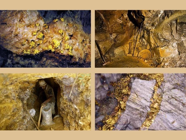 Vàng tạo thành lớp mỏng nằm bên trong các nham thạch nằm ở độ sâu 2 - 3m so với mặt đất.