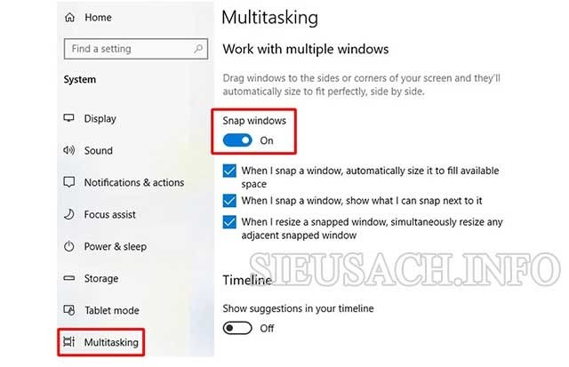 Chọn Multitasking và kiểm tra xem Snap windows đã được bật “On” hay chưa.