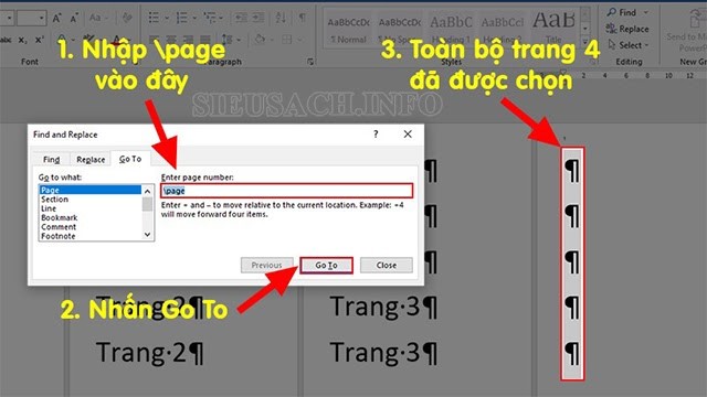 Enter page number tiếp tục nhập “\page” rồi chọn Go to
