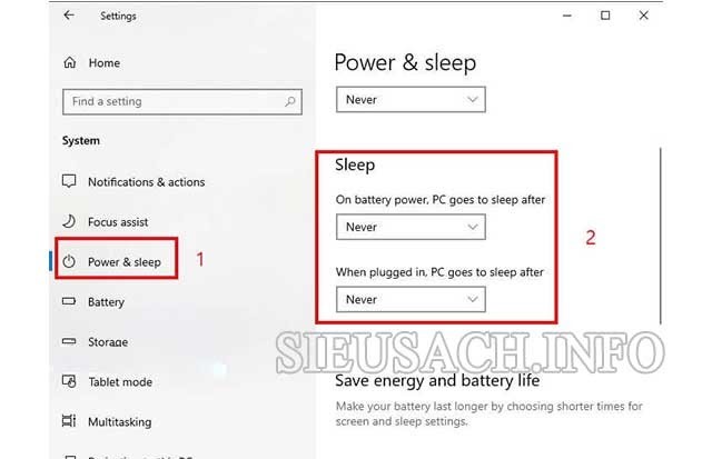 Tiếp theo, click chọn “Power & Sleep” → Đổi các lựa chọn thành “Never” ở cả 2 phần trong “Sleep”.
