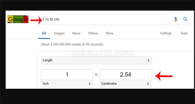 Sử dụng Google để đổi inch sang cm