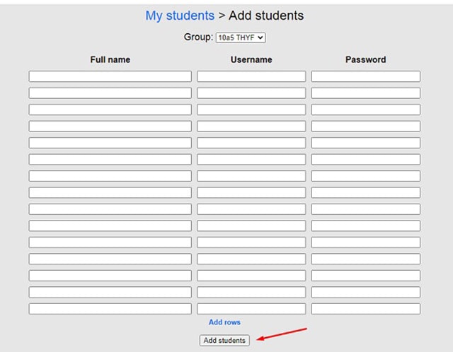 Nhập thông tin của học sinh cùng với mật khẩu sau đó gửi cho học sinh là hoàn thành.