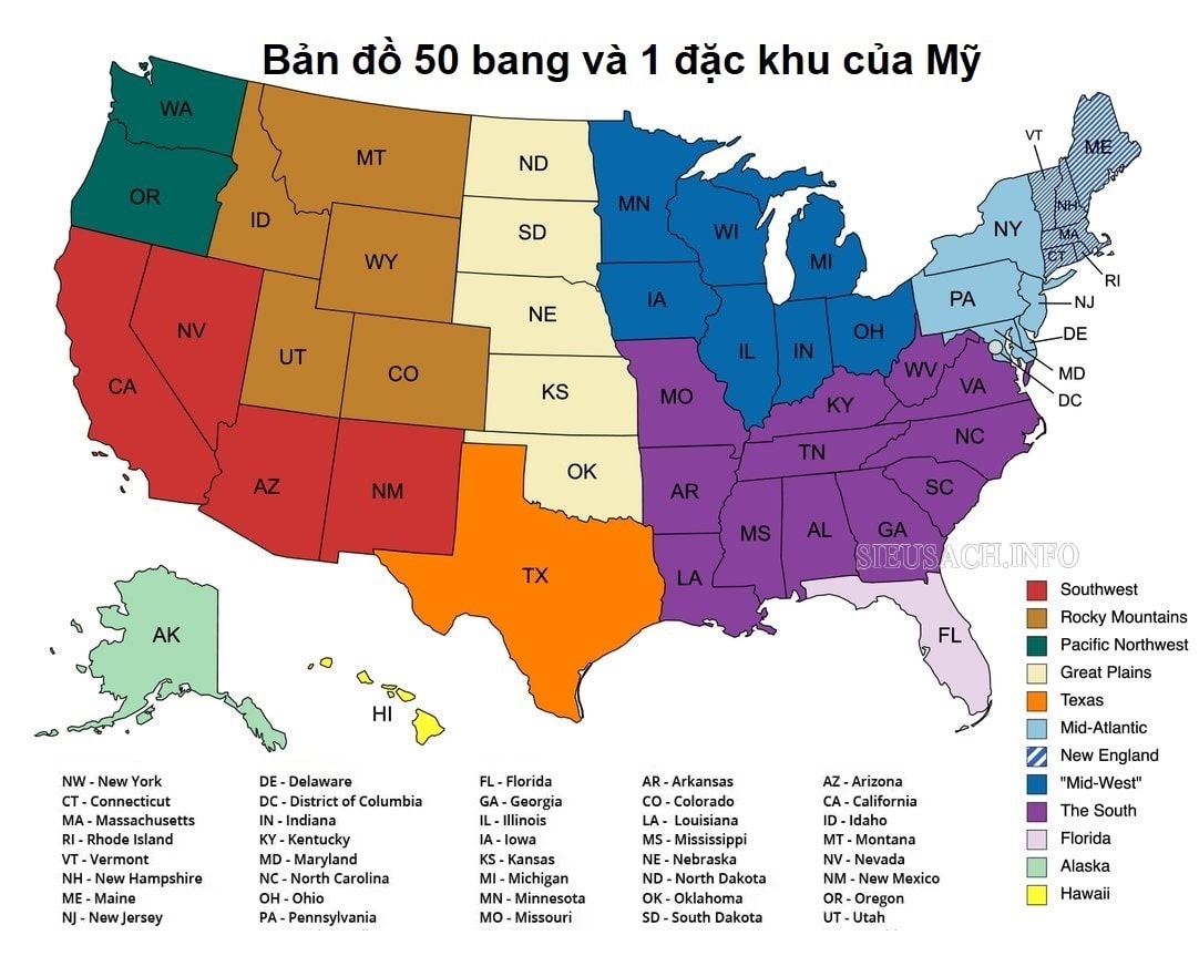 Bản đồ 50 bang và 1 đặc khu của Mỹ