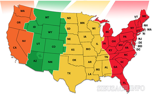 4 khu vực trên bản đồ các bang của Mỹ